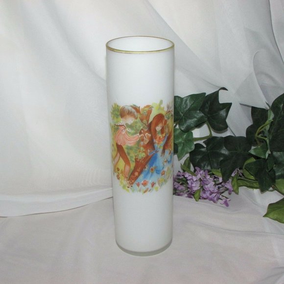 Vintage White Satin Glass Vase Signed Foster Boy Girl Children Bohemian - Picture 3 of 8